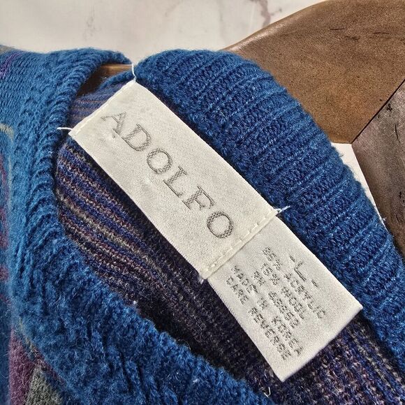 Vintage Sweater Mens Large Blue 90s Wool Pullover Crew Neck Southwestern Aztec - Picture 3 of 10